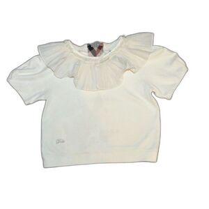 DAKS KIDS, Burberry‑style check, pleated ruffle collar, designer girls top 6–7Y